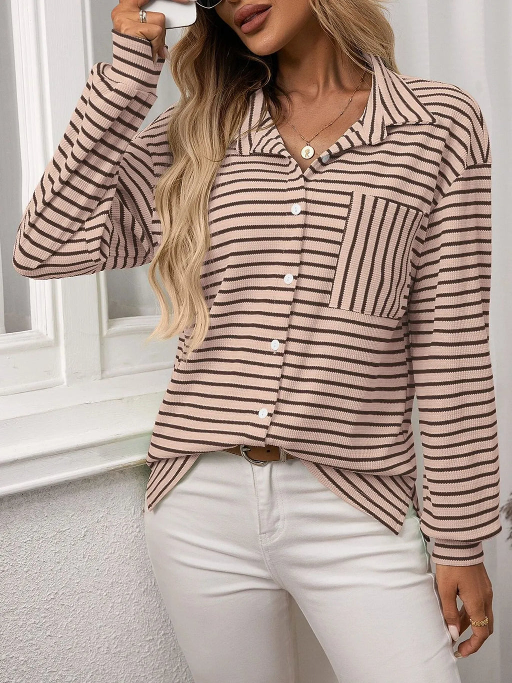 Sarah Express Women's Striped Button Up Long Sleeve Shirt