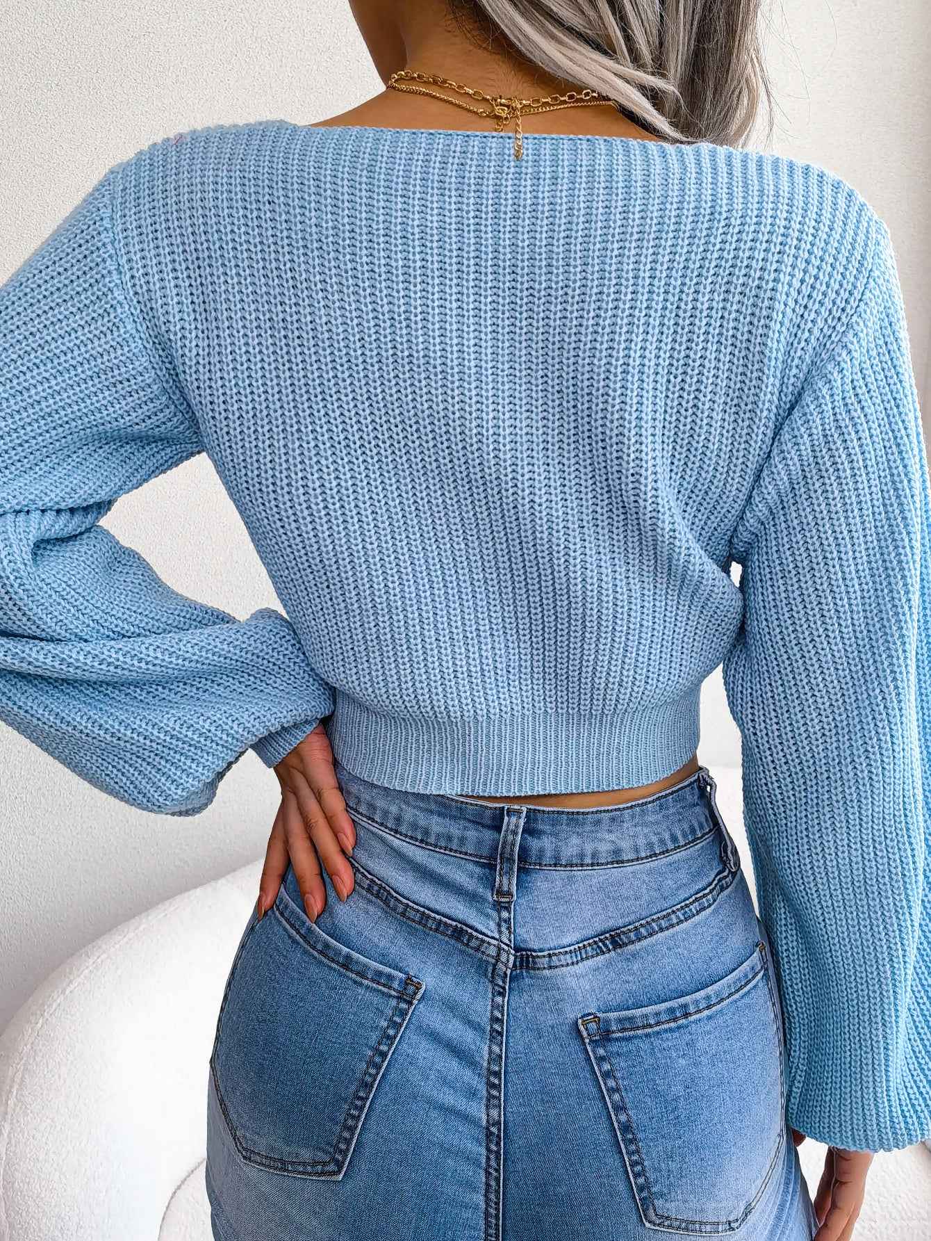 Sarah Express Women's Bow V-Neck Cropped Sweater - Lantern Sleeve Knit Top