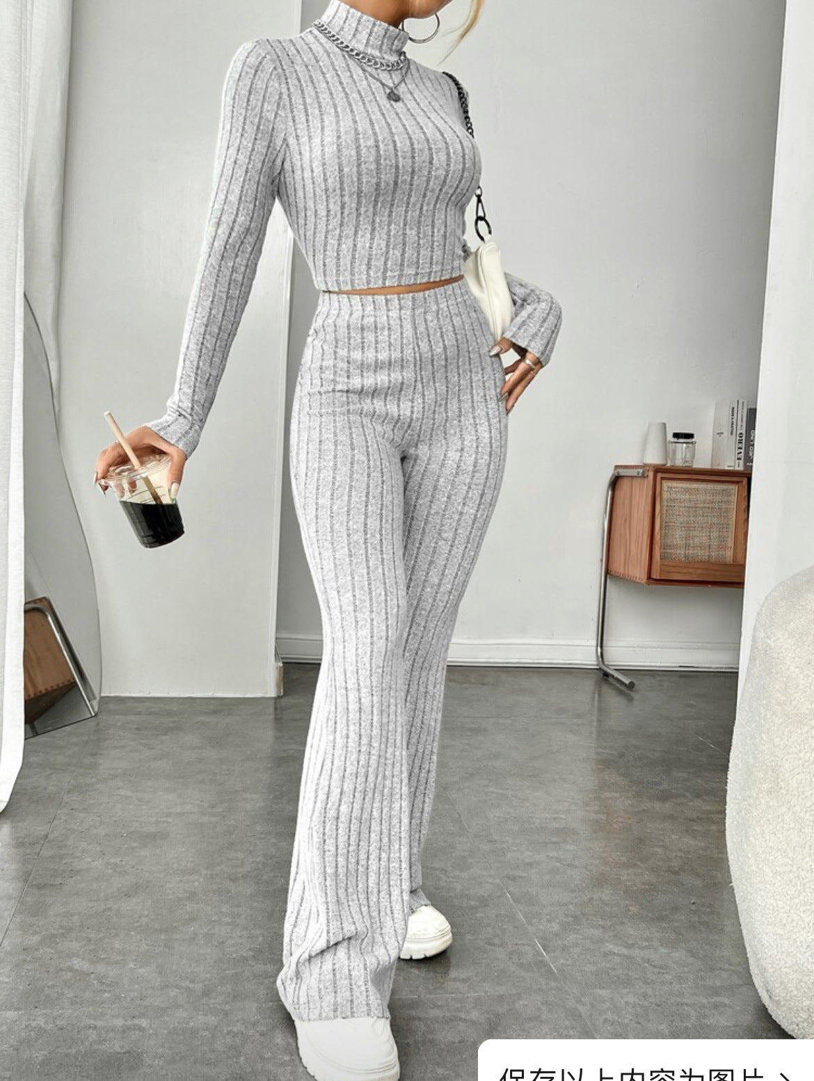 Sarah Express Women's Turtleneck Top and Wide Leg Pants Two-Piece Set Cotton Loungewear Suit