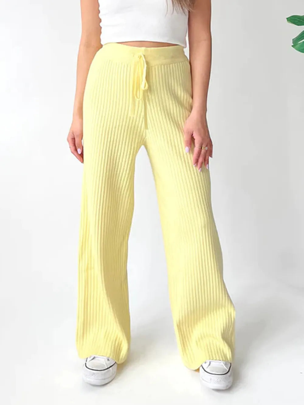 Sarah Express Women's Ribbed Wide Leg Sweater Pants Pastel Yellow
