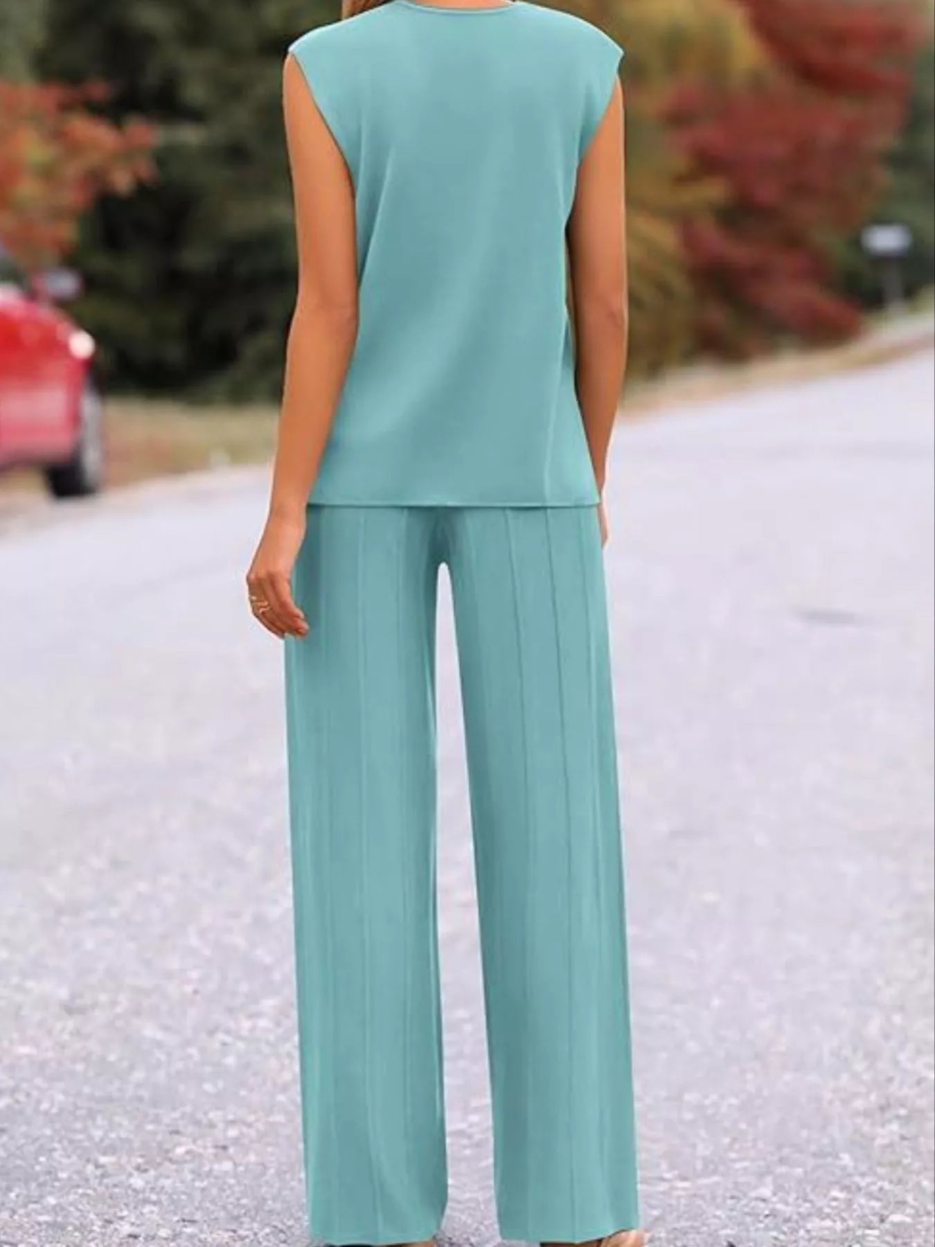 Sarah Express Women's Casual Solid Color Cap Sleeve Top and Pants Knit Set