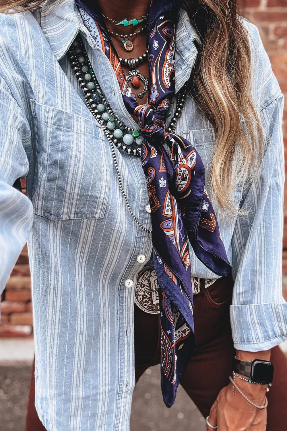 Sarah Express Women's Striped Button Down Denim Shacket Jacket with Pockets