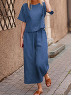 Sarah Express Cotton Linen Two-Piece Set Casual Loose Top Pants Outfit