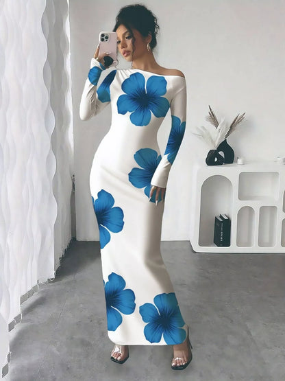 Sarah Express Women's Floral Print One Shoulder Maxi Dress Blue