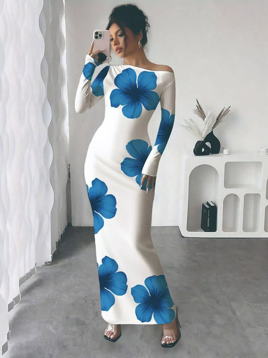 Sarah Express Women's Floral Print One Shoulder Maxi Dress Blue