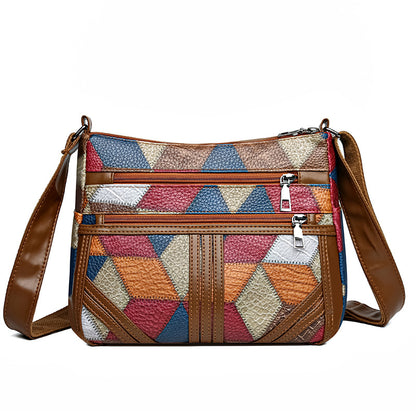 Sarah Express Women's Color-Block Patchwork Crossbody Bag | Multi-Layer PU Leather Shoulder Bag Brown