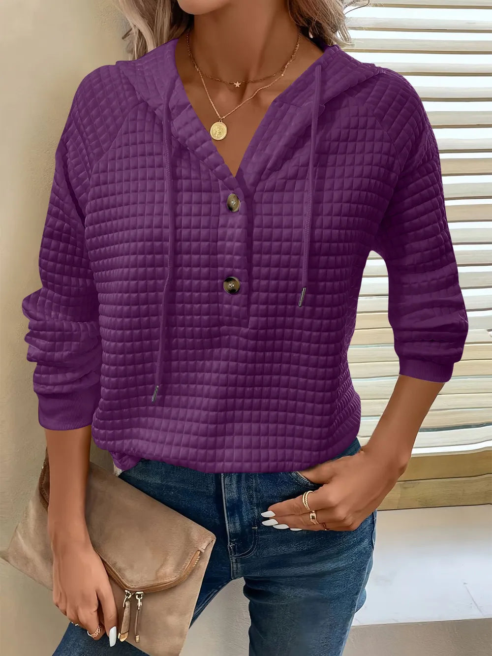 Sarah Express Women's Textured Button Detail Drawstring Long Sleeve Hoodie