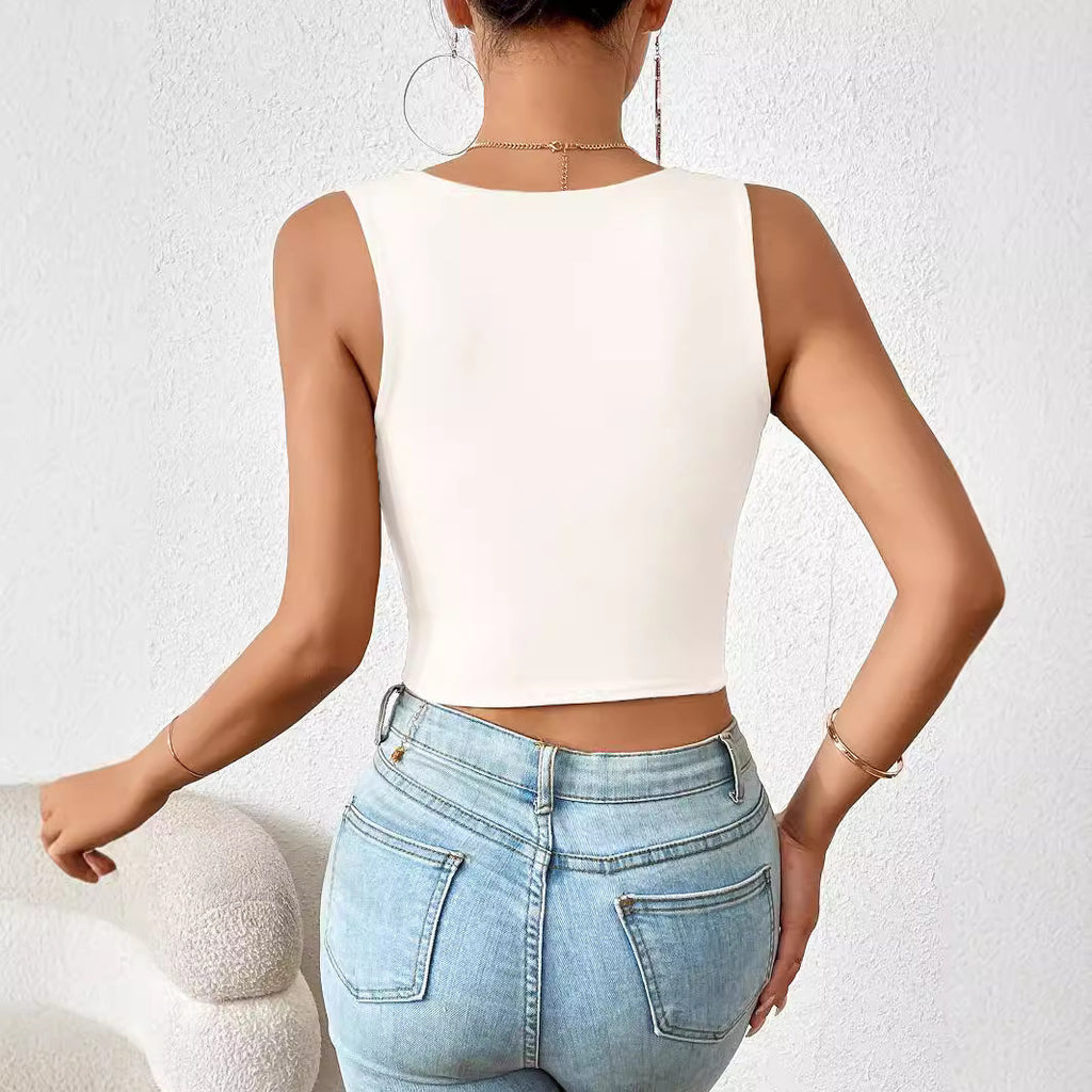 Sarah Express Women's Square Neck Cropped Tank Top Sleeveless Fitted Vest