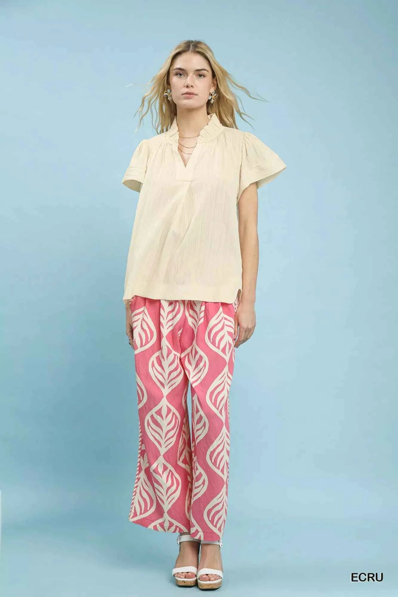 Sarah Express Women's Textured Flutter Sleeve Blouse with Notched V-Neck