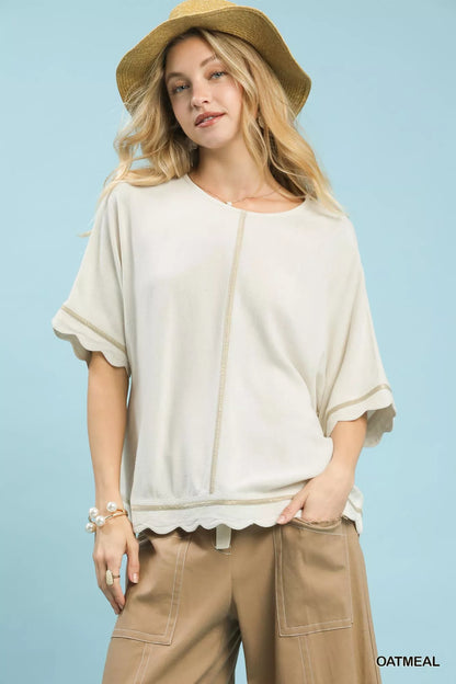 Sarah Express Women's Linen Blend Scallop Trim Top OATMEAL