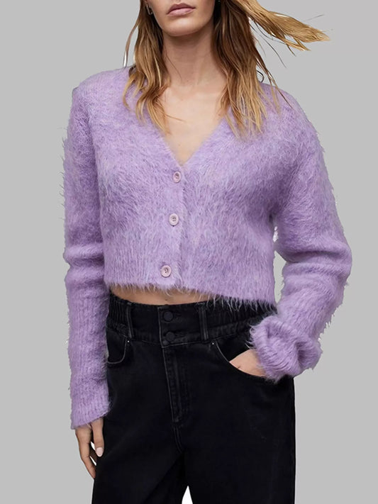 Sarah Express Women's Fluffy Knit Cropped Cardigan - Soft Button-Front Layering Sweater Light Purple