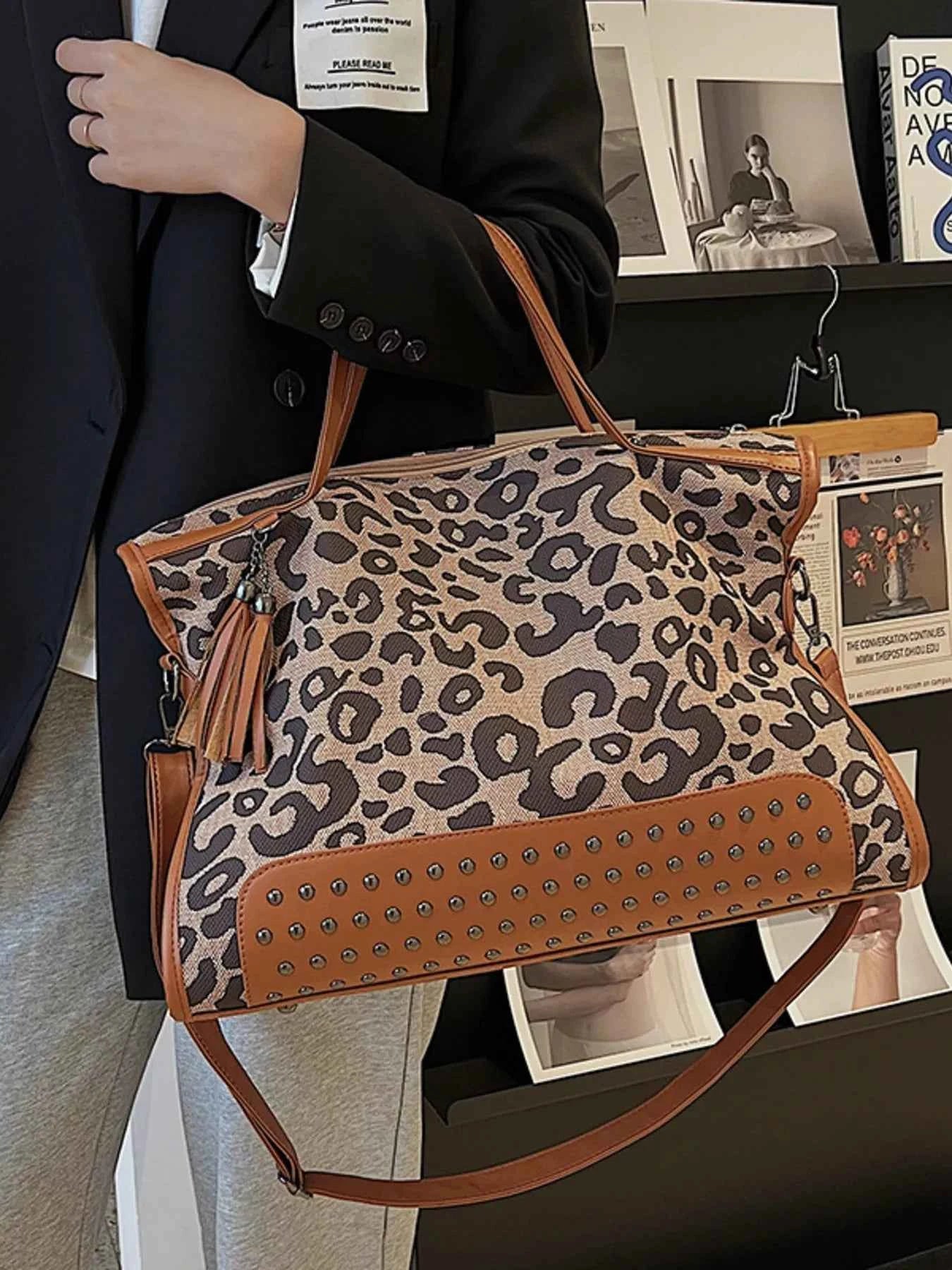 Sarah Express Women's Leopard Print Studded Tote Bag - Large PU Leather Shoulder Bag