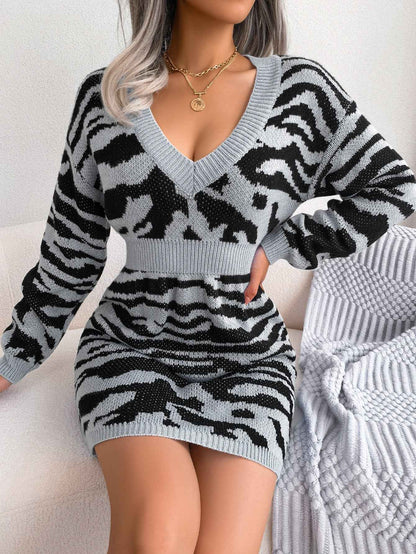 Sarah Express Women's Tiger Print Sweater Dress with Lantern Sleeves - Cinched Waist Knit Dress