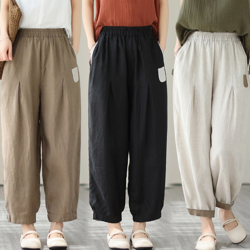 Sarah Express Women's High Waist Cropped Pants Loose Fit Cotton Linen - Casual Plus Size Ankle Length