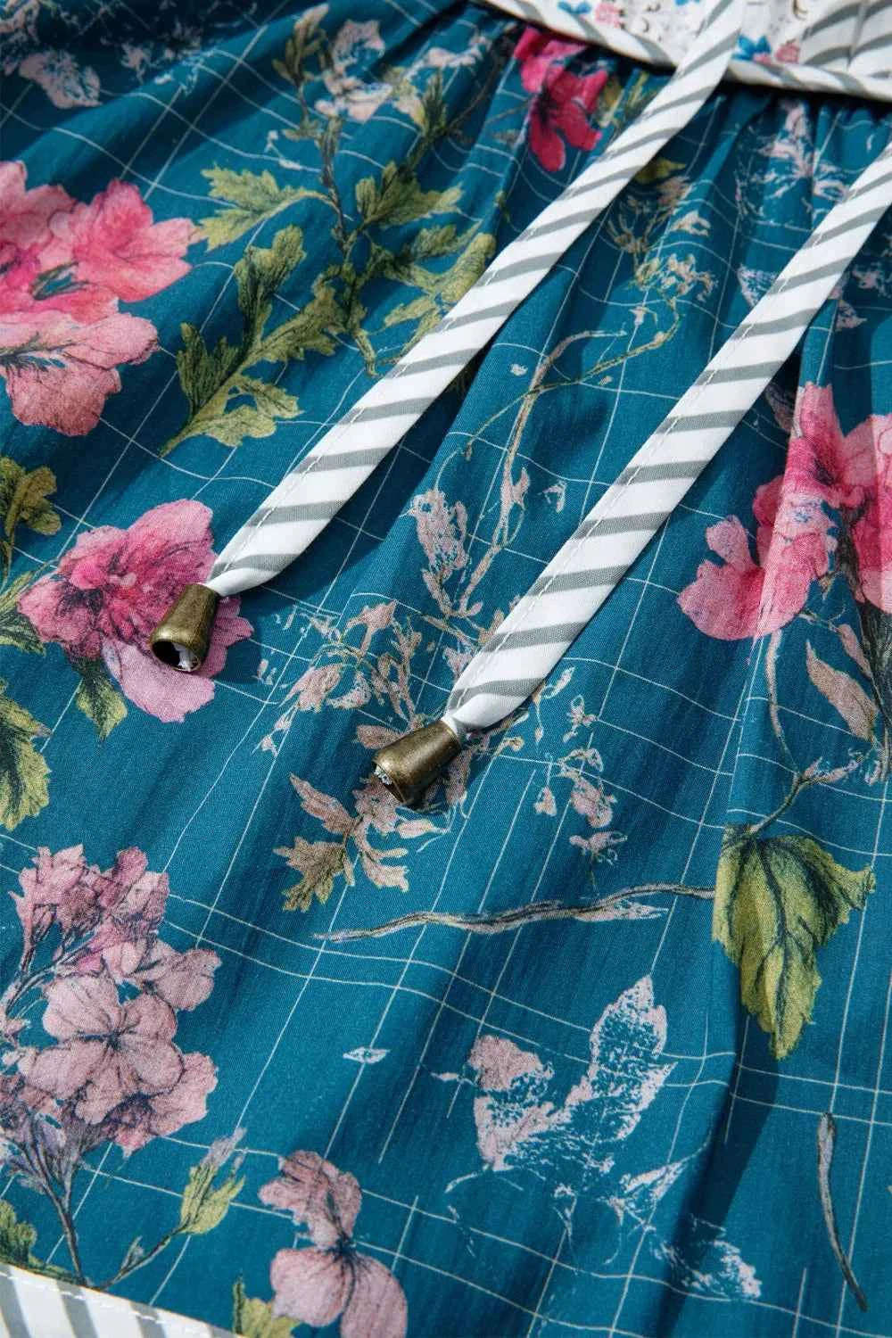 Sarah Express Women's Floral Print Puff Sleeve Blouse with Striped Trim