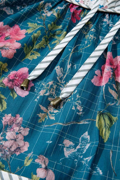 Sarah Express Women's Floral Print Puff Sleeve Blouse with Striped Trim