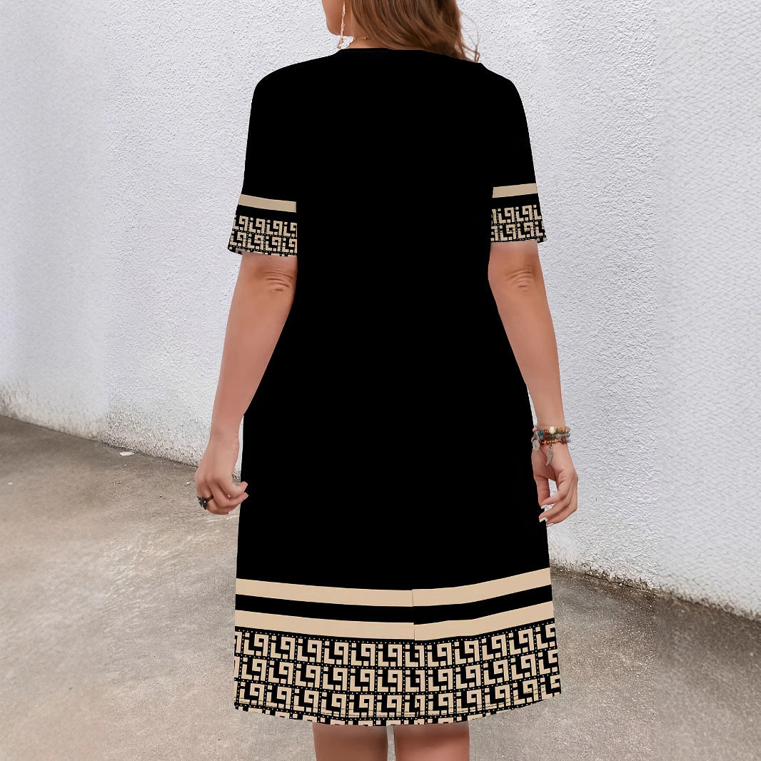 Sarah Express Women's Contrast Color Midi Dress Round Neck Short Sleeve Casual