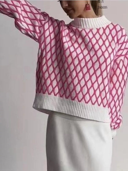 Sarah Express Women's Geometric Pattern Turtleneck Sweater Pink