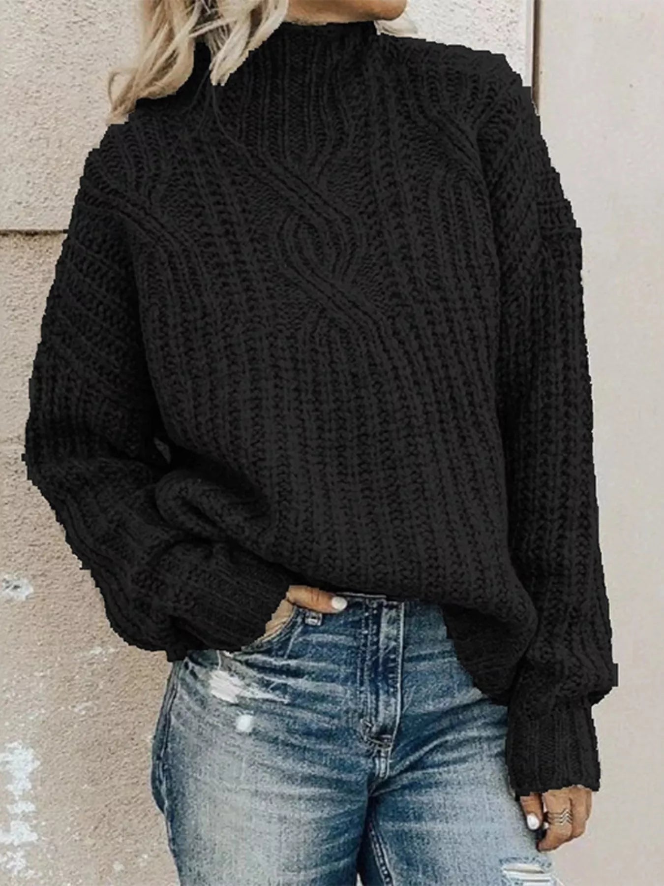 Sarah Express Women's Turtleneck Cable-Knit Sweater Plus Size Long Sleeve Black