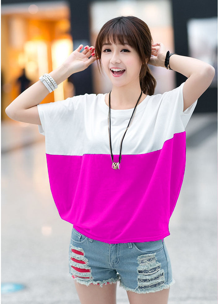 Sarah Express Women's Color Block Batwing Sleeve Top Short Sleeve Casual Loose Fit Shirt
