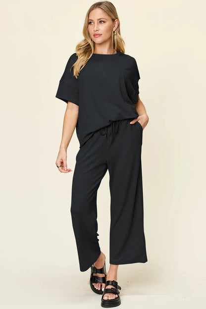 Sarah Express Women's Textured Round Neck Short Sleeve T-Shirt and Wide Leg Pants Set Black