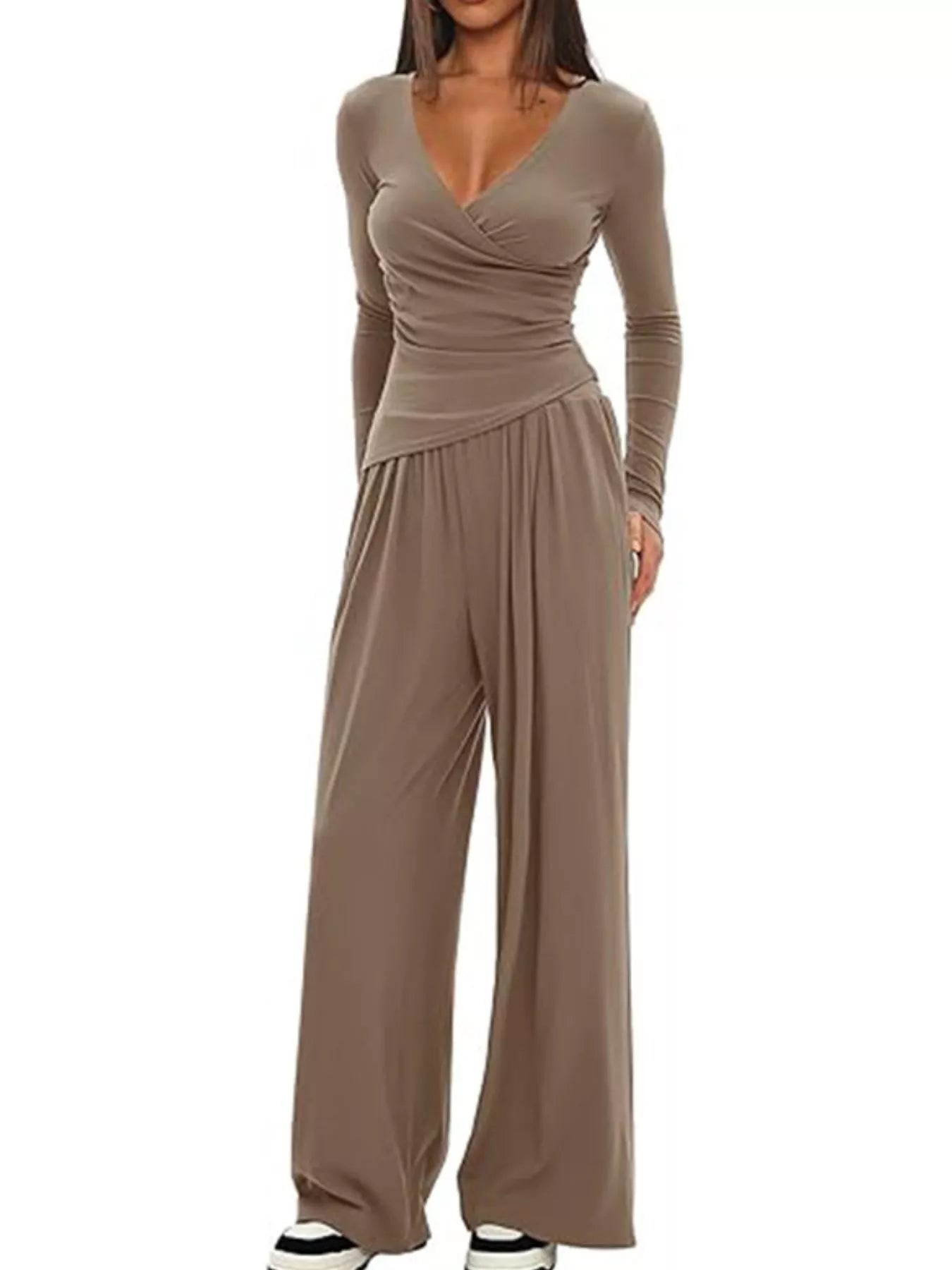 Sarah Express Women's Long Sleeve Top and Wide Leg Pants Set Camel