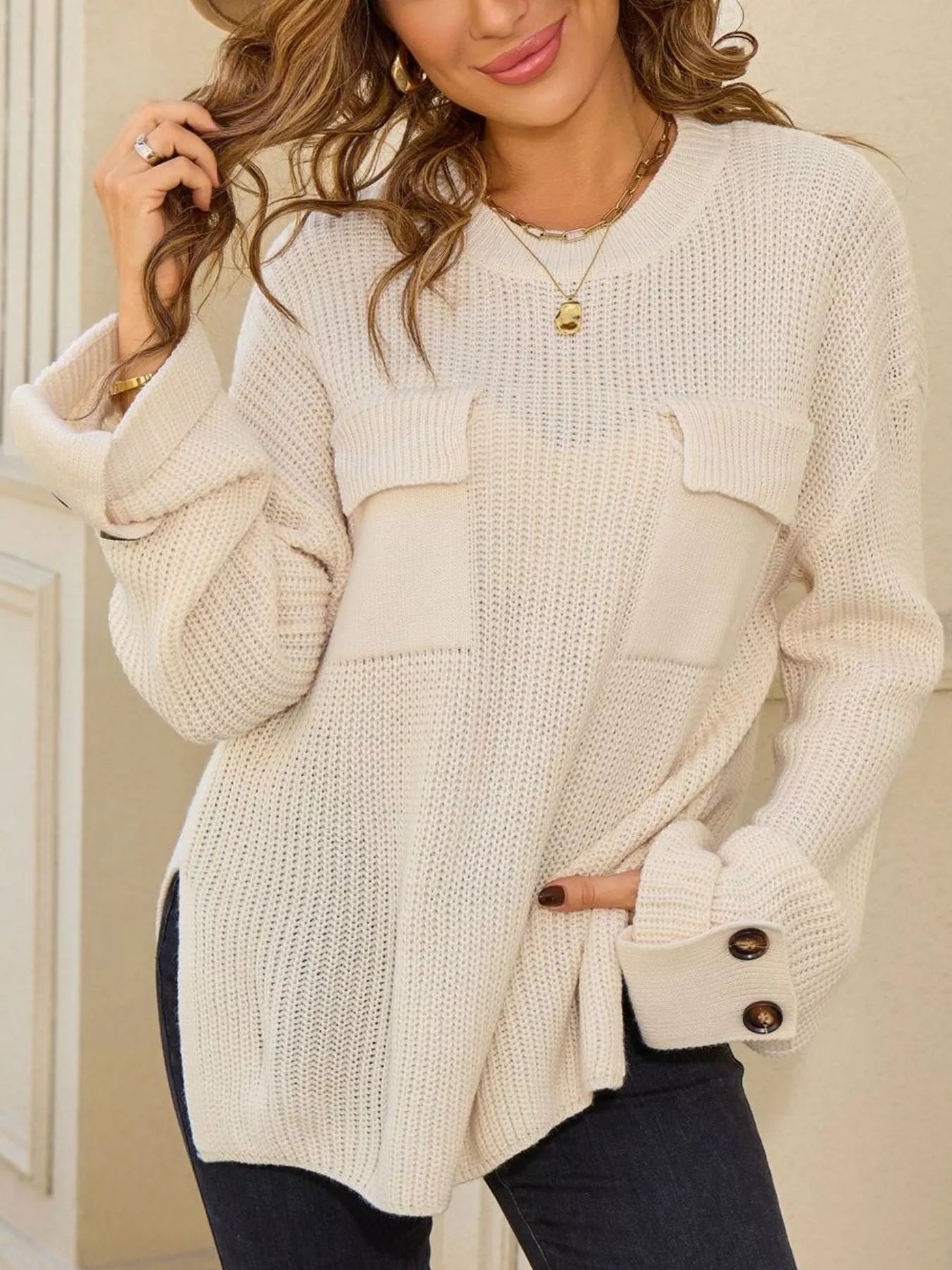 Sarah Express Women's Pocket Detail Round Neck Sweater - Button Front Cardigan Apricot