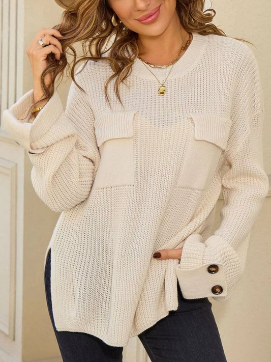 Sarah Express Women's Pocket Detail Round Neck Sweater - Button Front Cardigan Apricot