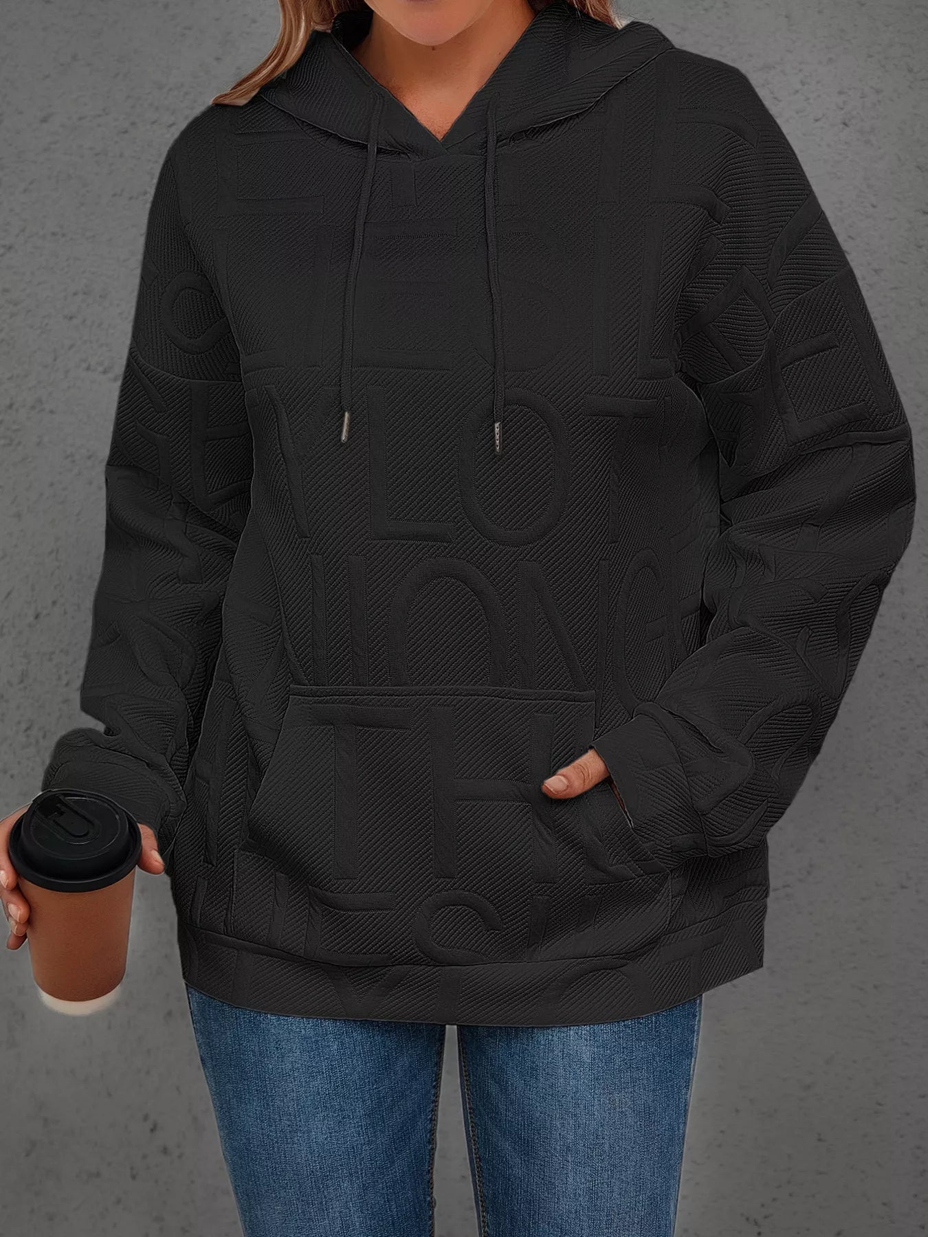 Sarah Express Women's Textured Embossed Long Sleeve Hoodie Plus Size