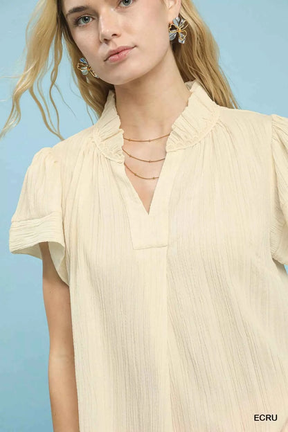 Sarah Express Women's Textured Flutter Sleeve Blouse with Notched V-Neck