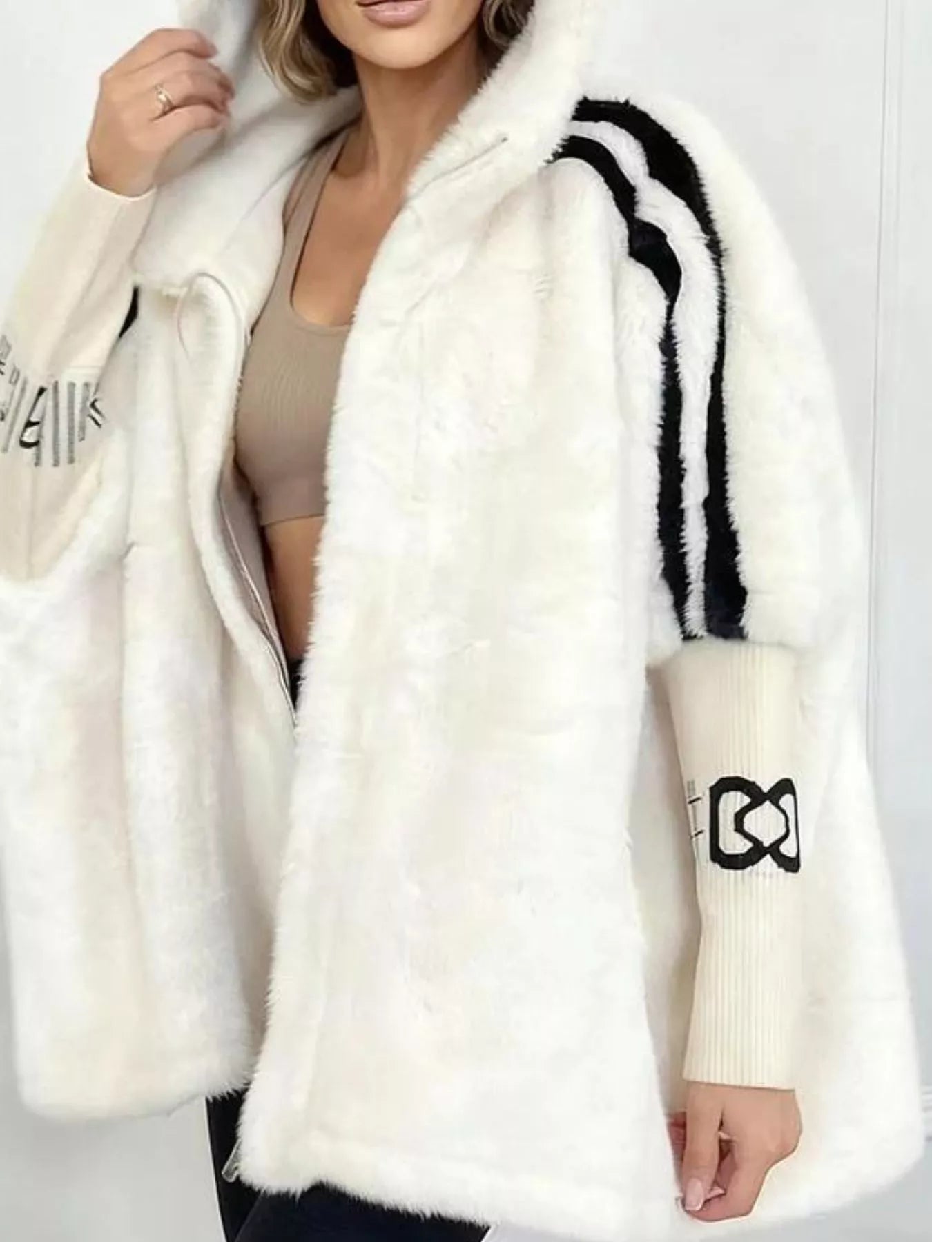 Sarah Express Women's Hooded Faux Fur Striped Trim Outerwear Jacket