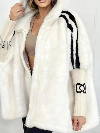 Sarah Express Women's Hooded Faux Fur Striped Trim Outerwear Jacket