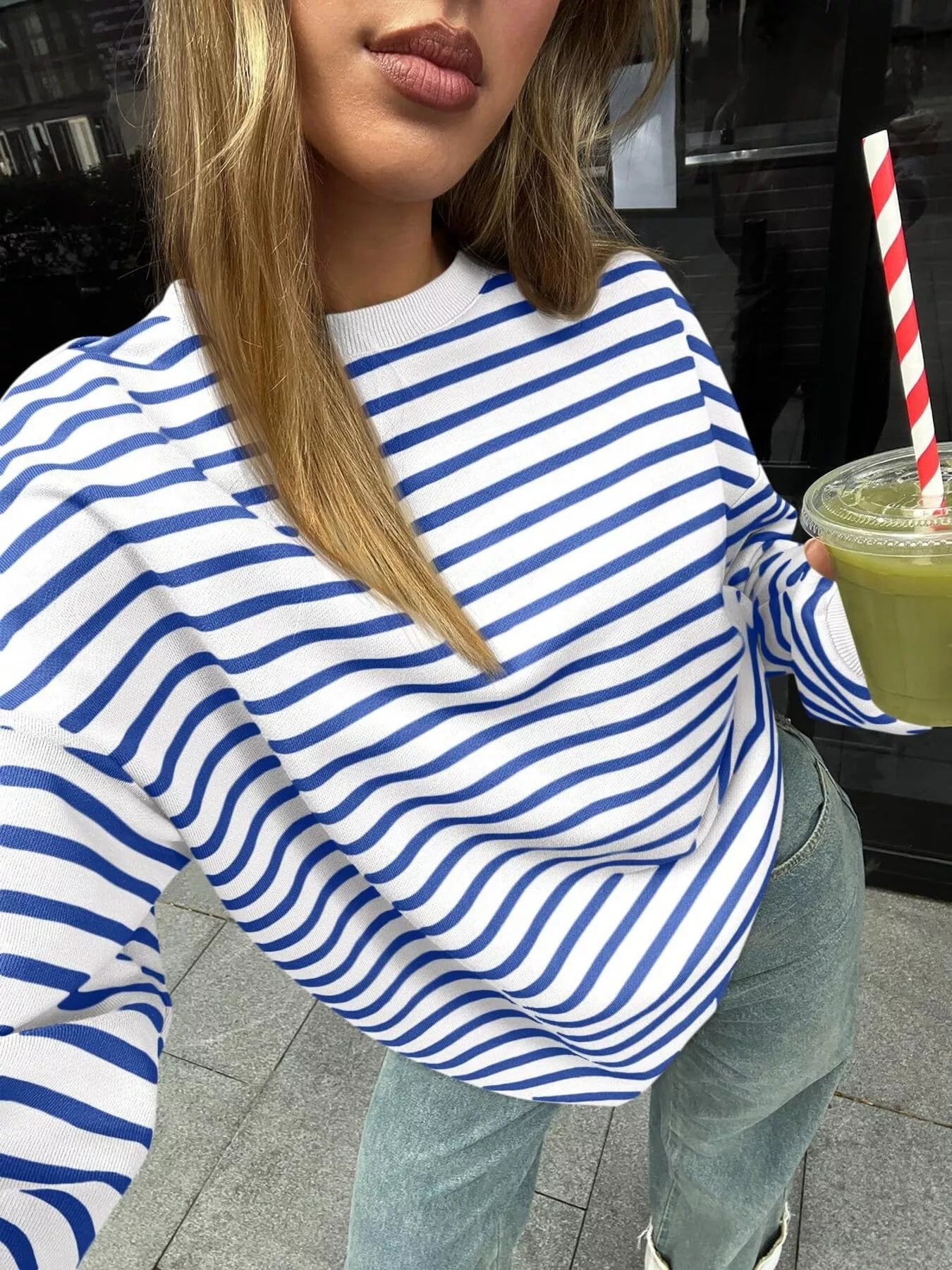 Sarah Express Women's Striped Round Neck Oversized Casual Sweatshirt