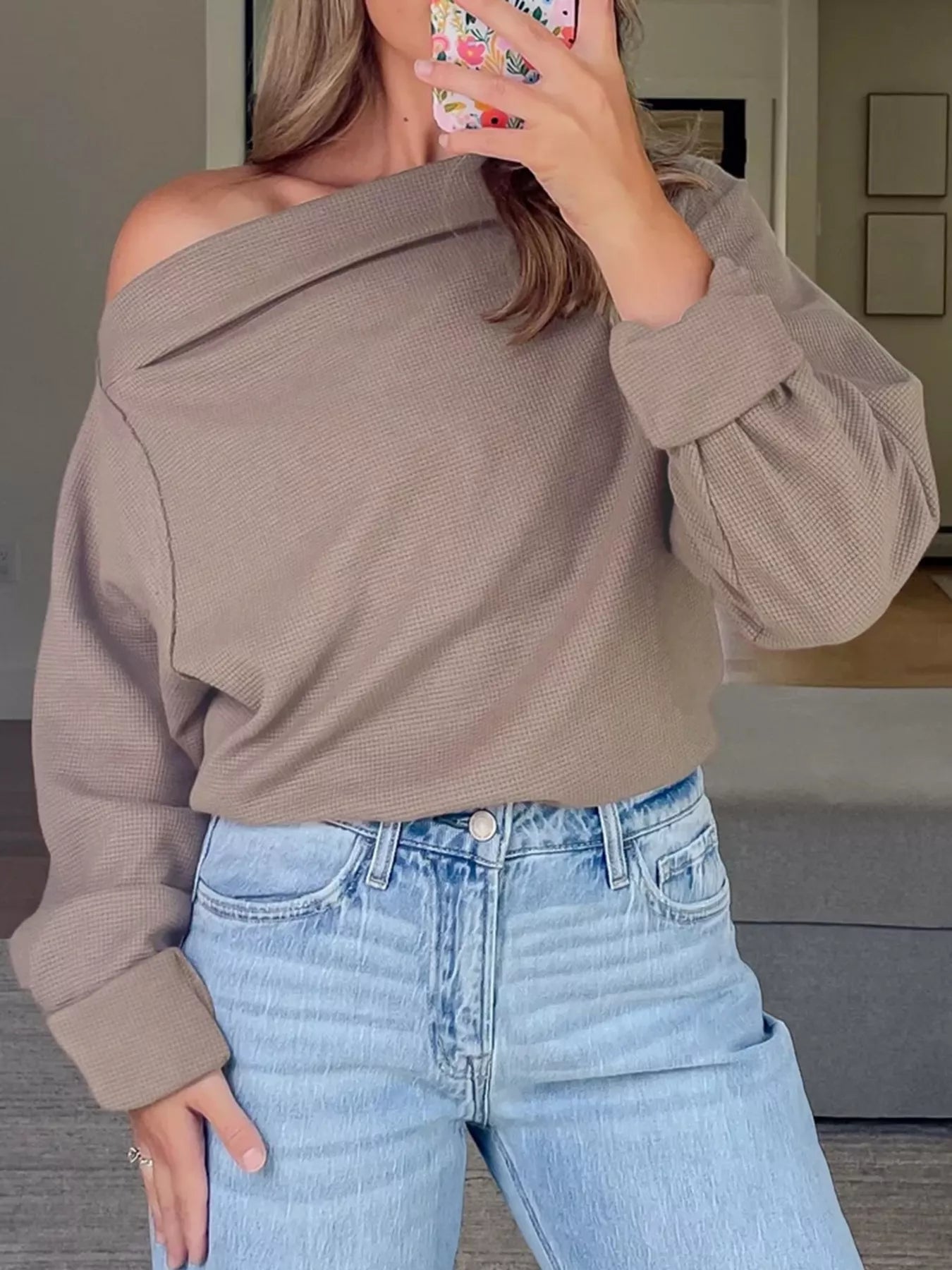 Sarah Express Women's One Shoulder Long Sleeve Top - Asymmetric Neckline Casual Blouse Mocha