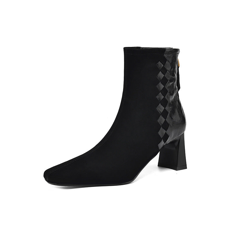 Sarah Express Women's Square Toe Chunky Heel Ankle Boots – Sheepskin Leather Patchwork Black