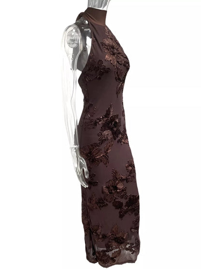 Sarah Express Women's Floral Applique Halter Neck Maxi Dress