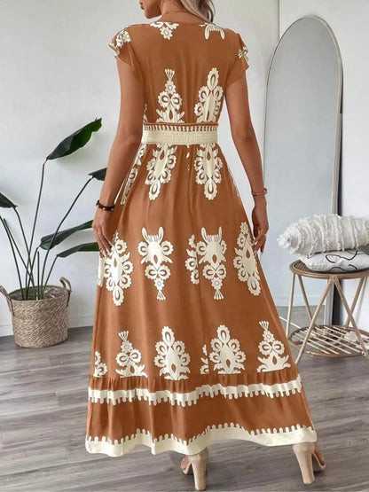 Sarah Express Women's Printed V-Neck Ruffled Cap Sleeve Maxi Dress