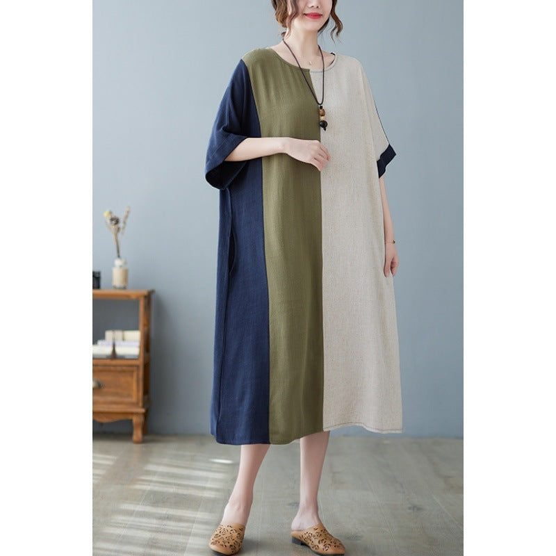 Sarah Express Women's Cotton Linen Contrast Paneled Dress Loose Fit Half Sleeve Midi Literary Style