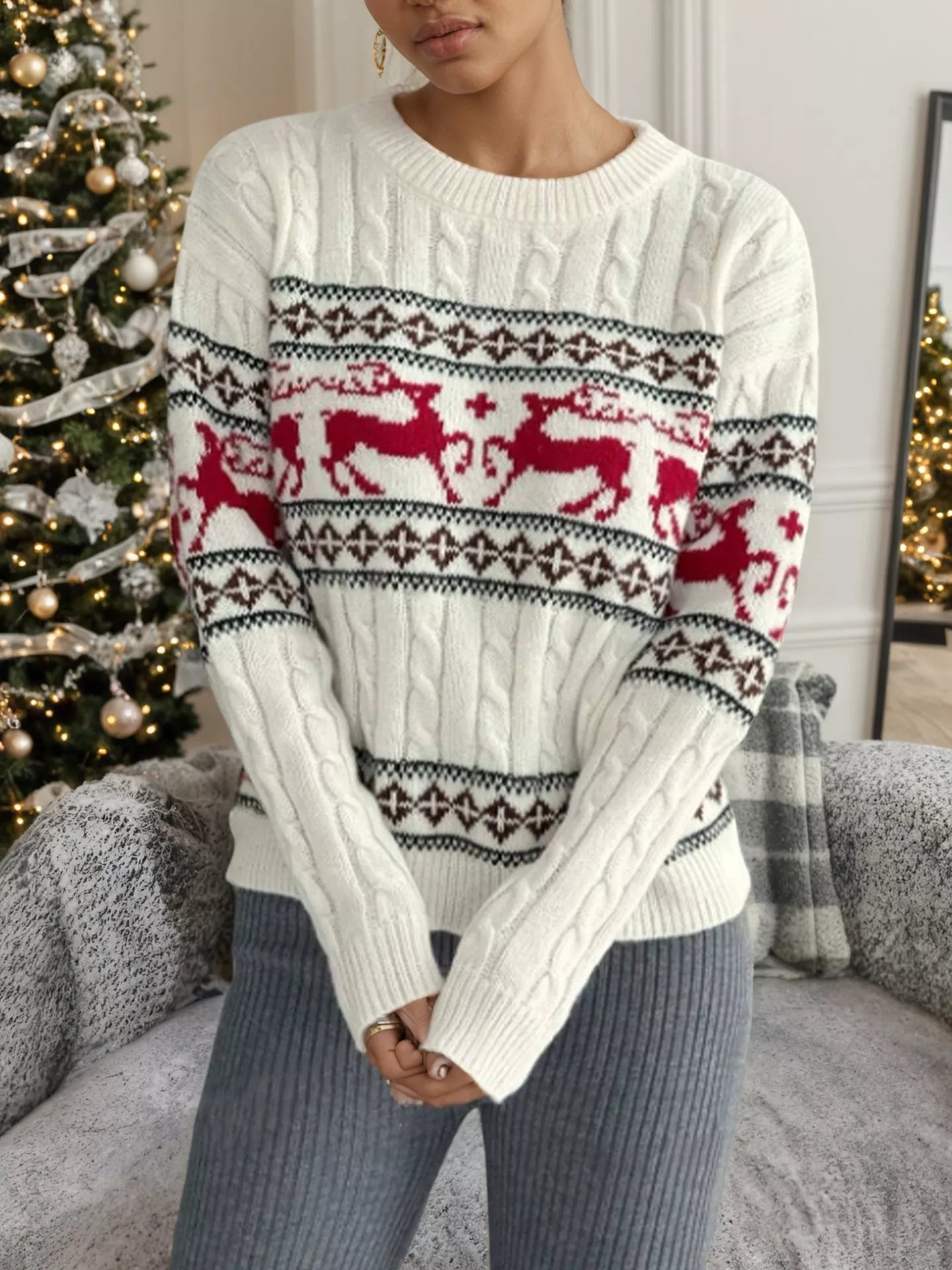 Sarah Express Women's Reindeer Pattern Cable Knit Sweater