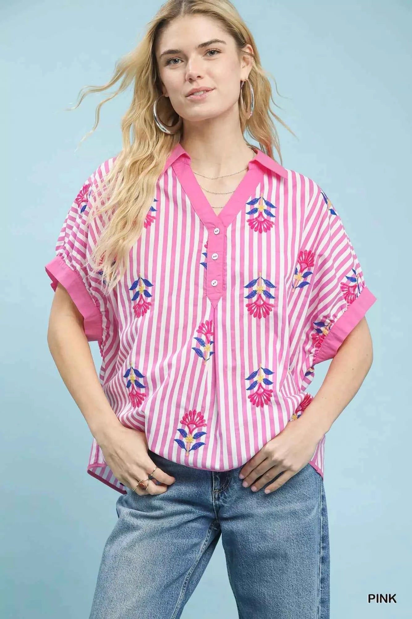 Sarah Express Women's Stripe Embroidered Button-Front Boho Blouse - Casual Oversized Top PINK