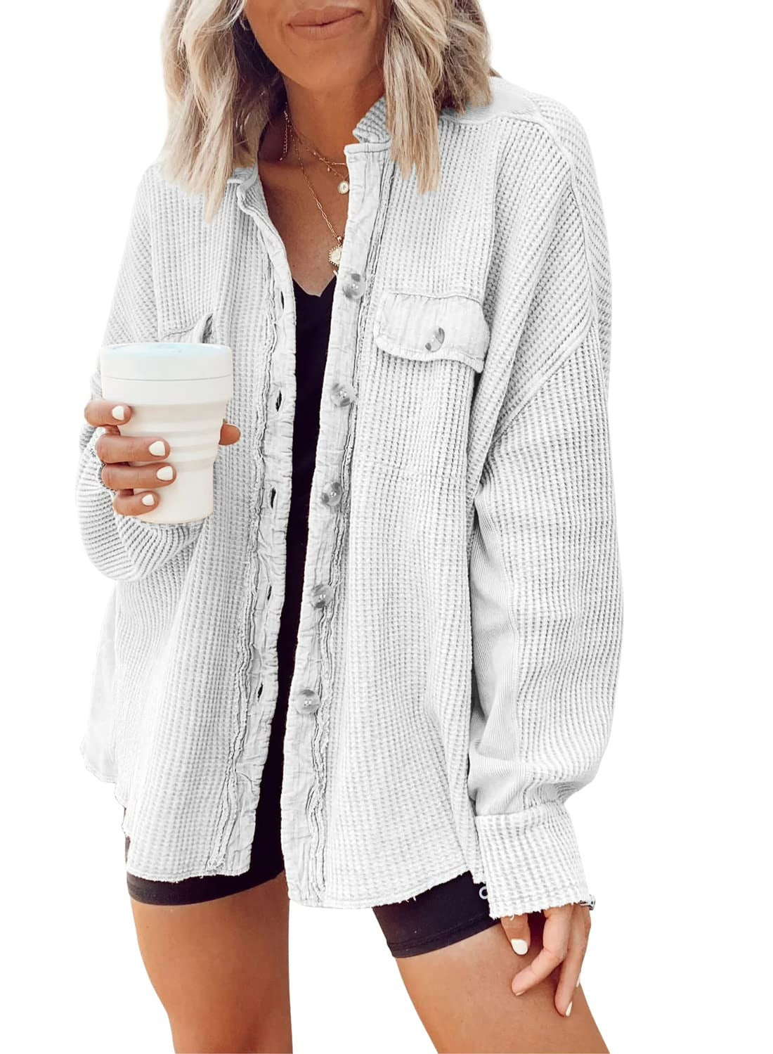 Sarah Express Patchwork Irregular Shirt Jacket Loose Fit Long Sleeve Acrylic Outerwear