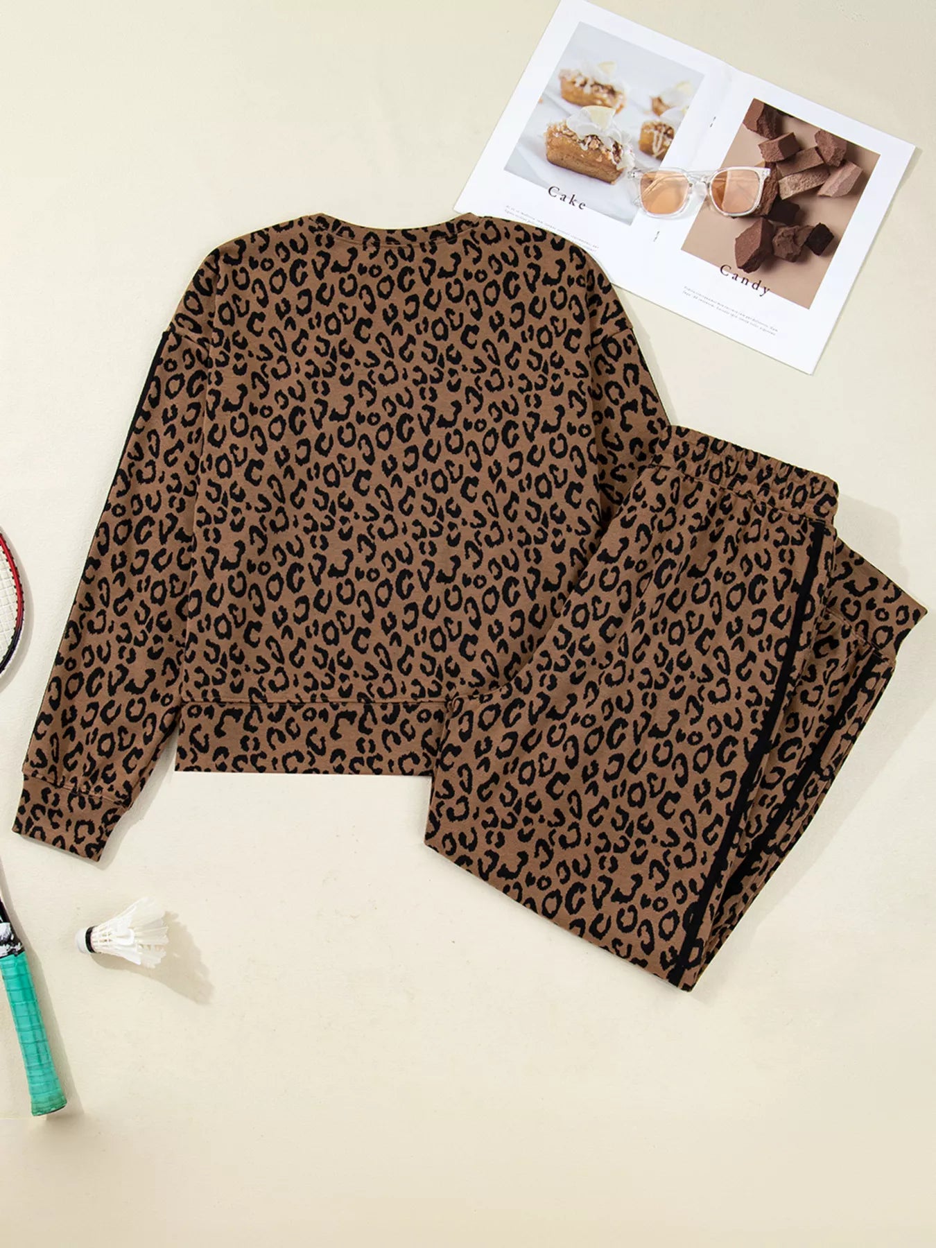 Sarah Express Women's Striped Trim Leopard Long Sleeve Top Drawstring Pant Set