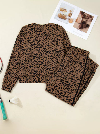 Sarah Express Women's Striped Trim Leopard Long Sleeve Top Drawstring Pant Set