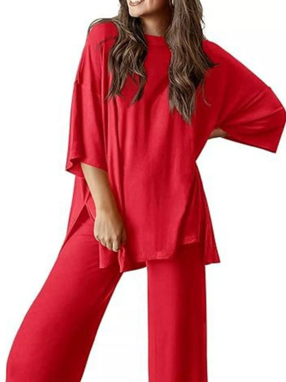 Sarah Express Relaxed Fit Round Neck Top and Pants Two-Piece Lounge Set