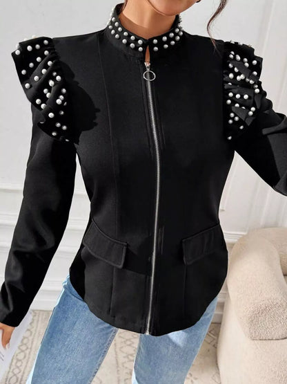 Trendsi Women's Pearl Embellished Shoulder Zip Up Jacket