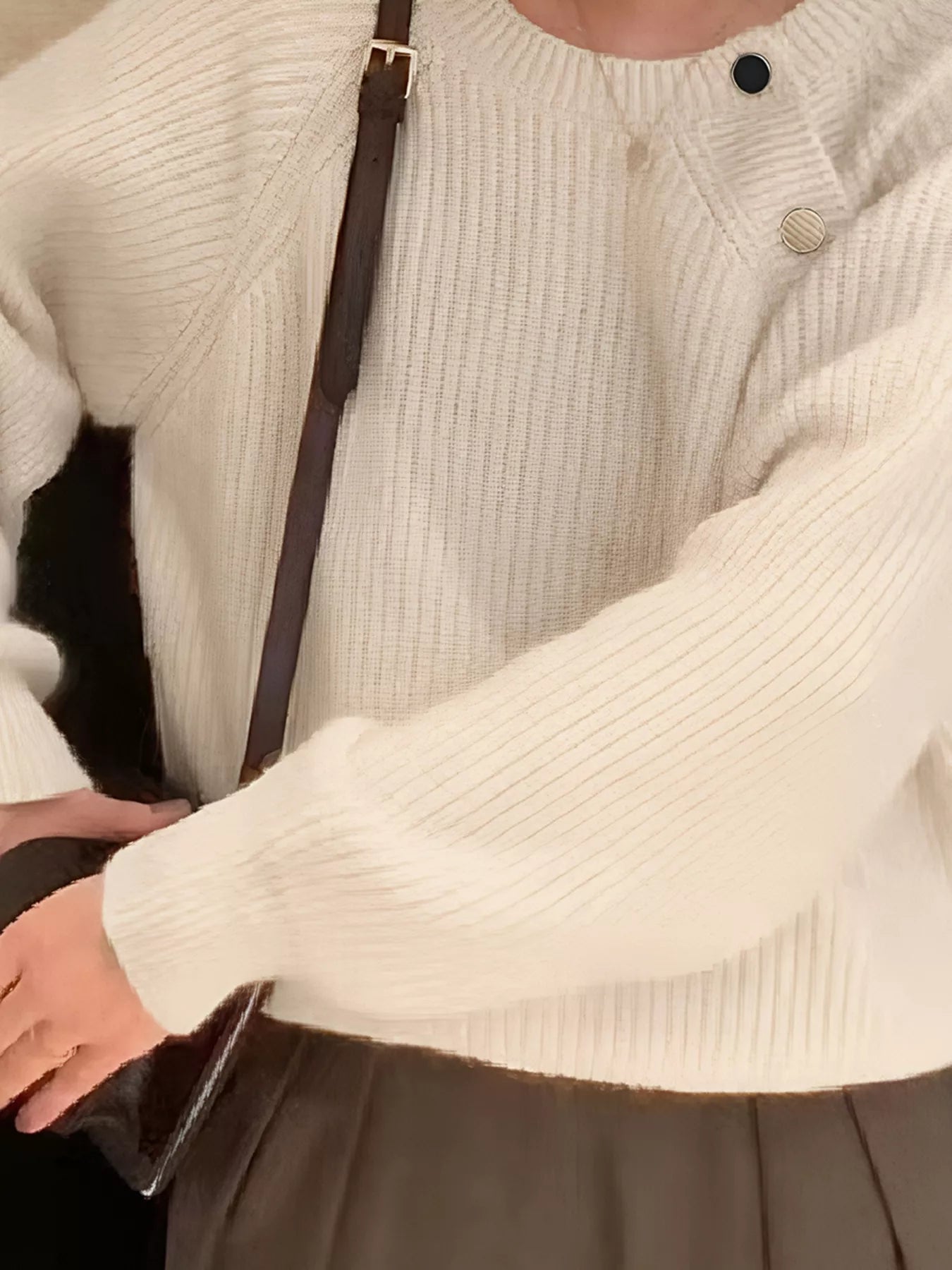 Sarah Express Women's Button-Decorated Round Neck Sweater Ivory One Size