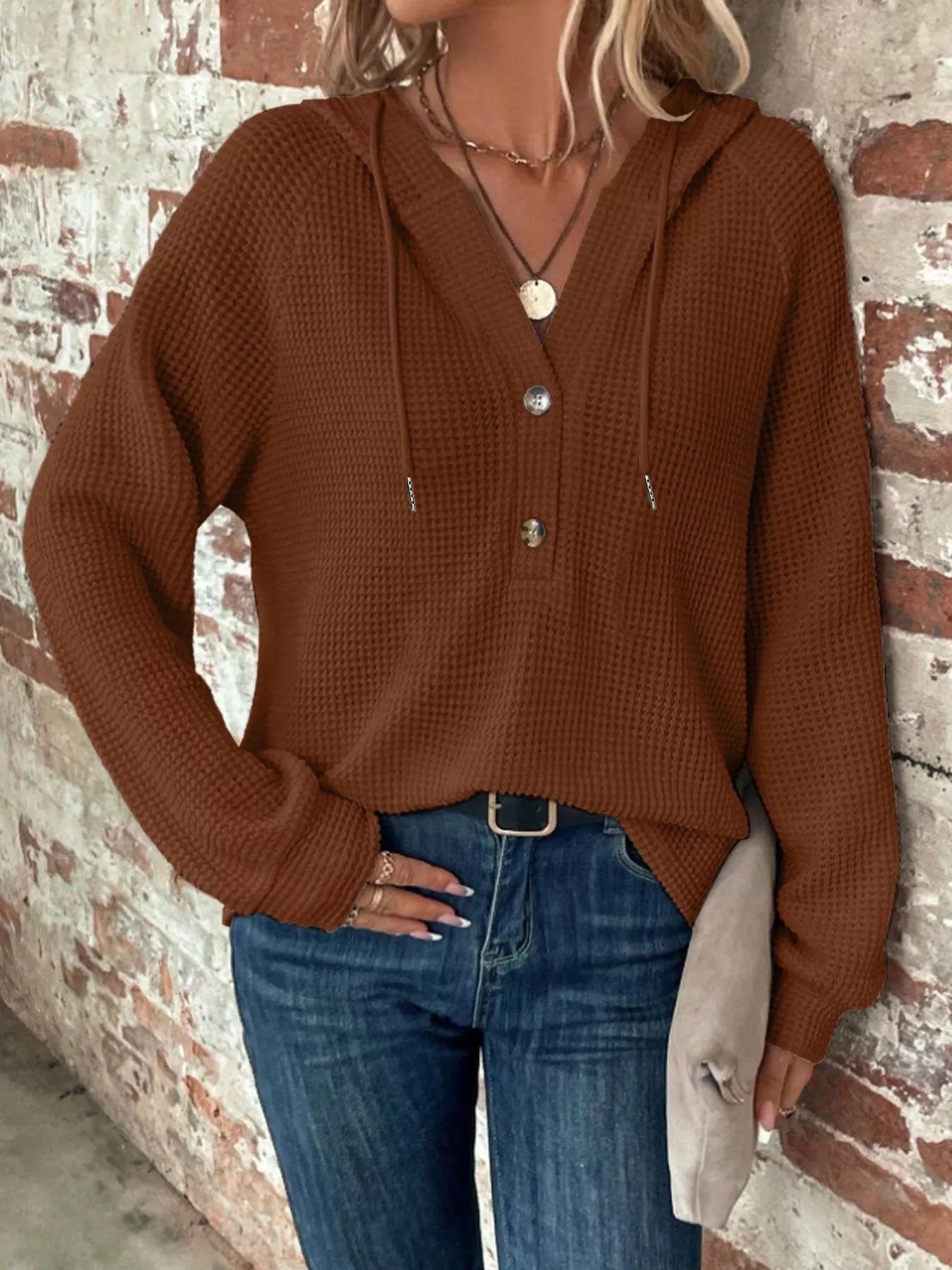 Sarah Express Women's Waffle Knit Button Detail Hoodie