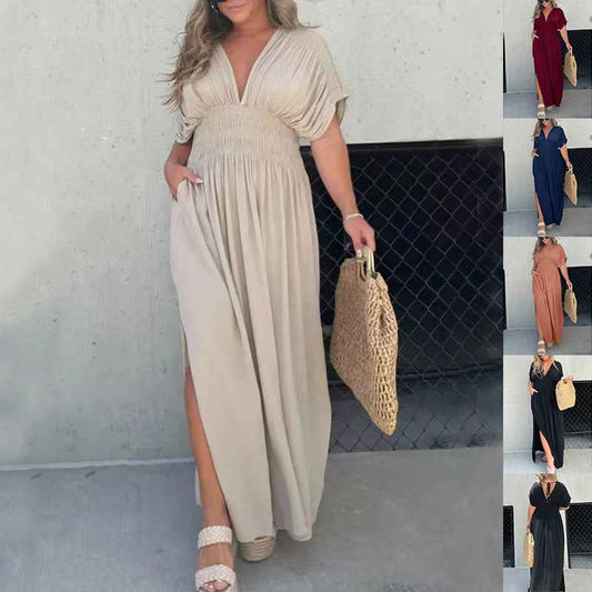 Sarah Express Women's V-Neck Bat Sleeve Maxi Dress - Elastic Waist Summer Long Dress with Side Slit