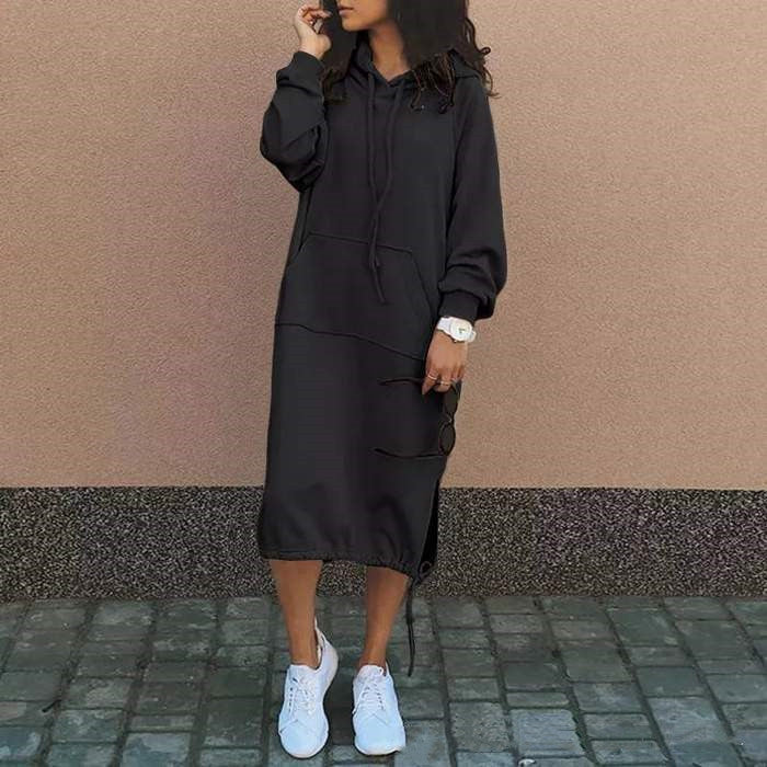Sarah Express Women's Hooded Sweatshirt Dress Long Sleeve Midi Casual Pockets