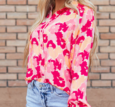 Sarah Express Women's Floral Print Puff Sleeve Button-Down Shirt Polyester Pink